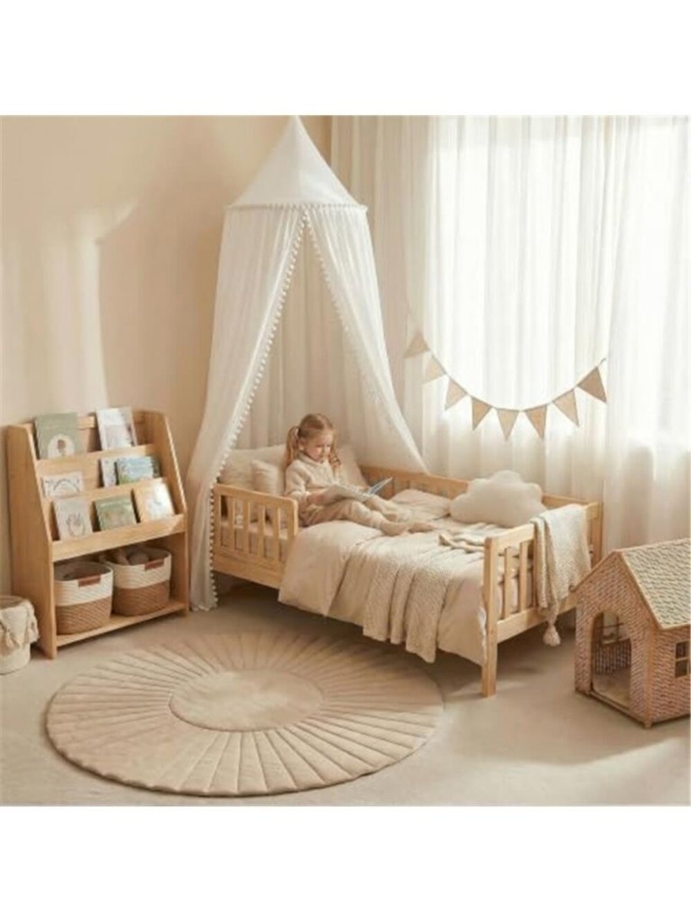 Bed Canopy with Pom Pom Kids Reading Nook Hanging Tent, White - Picture 3 of 6